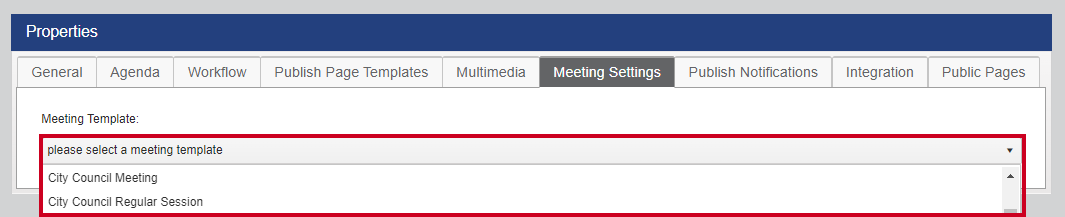 The Meeting Template drop-down list.
