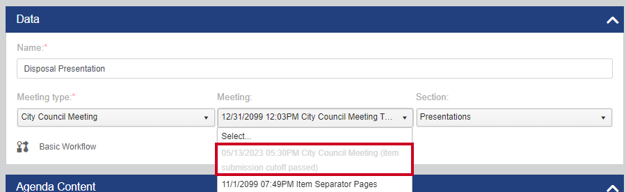 example meeting with cutoff passed in the add item meeting list drop-down