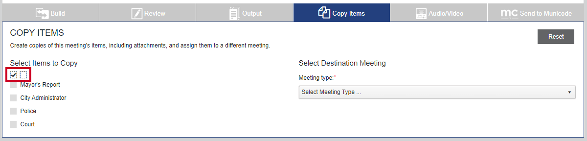 Two dotted-outline Select All and Unselect All checkboxes directly above the Select Items to Copy checkboxes.
