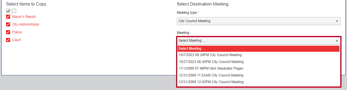 A Meeting drop-down list with example meeting dates, times, and names.