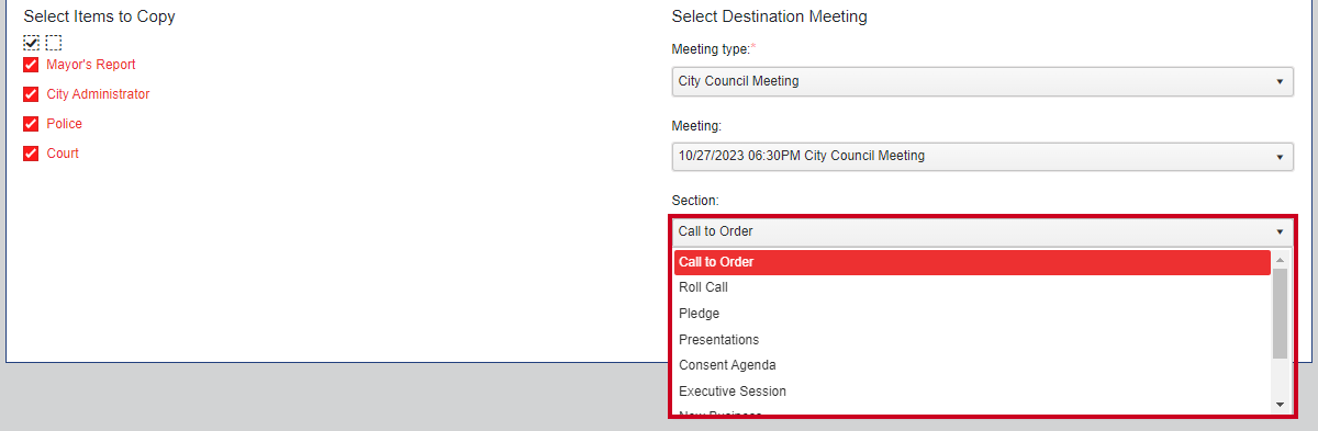 A Section drop-down list with various agenda section options.