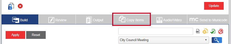 A gray, rectangular Copy Items tab.