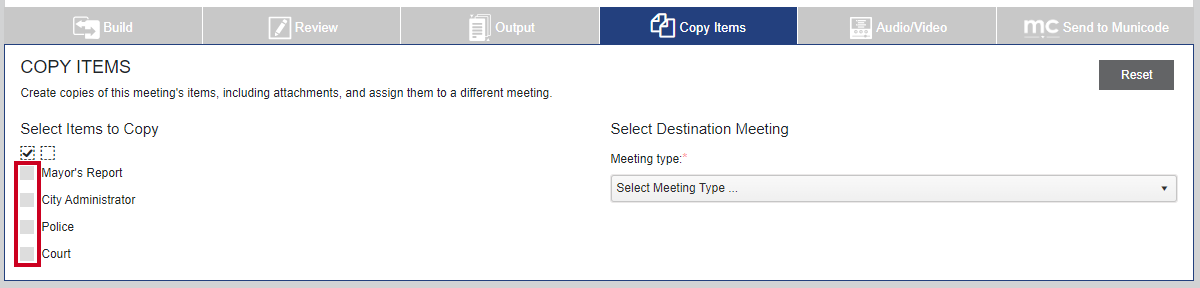 Gray, square checkboxes to the left of the names of items that can be selected.