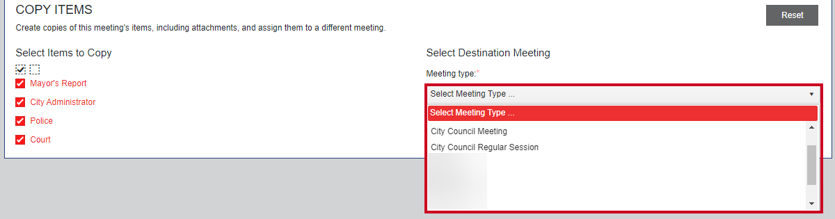 A Meeting Type drop-down list with multiple example meeting types.
