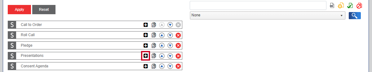 An Add New Item button to the right of an example Presentations section.