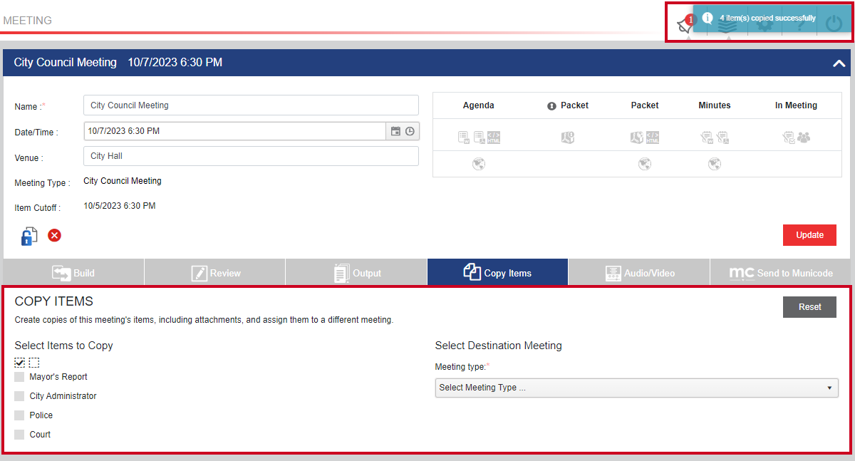 A reset Copy Items page within an example meeting detail screen after items have been copied.