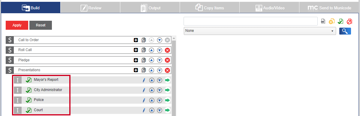 Copied items in Presentation section of an example meeting detail screen Build tab.