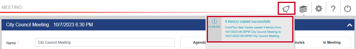 The Notifications button in the page header and an example notification message that explains that 4 items have been copied.
