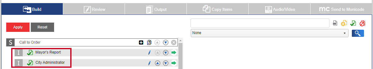 Copied items in first section of an example meeting detail screen Build tab.