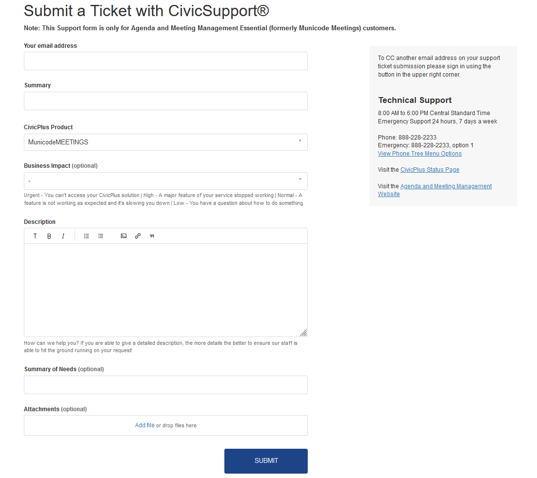 Support ticket form.