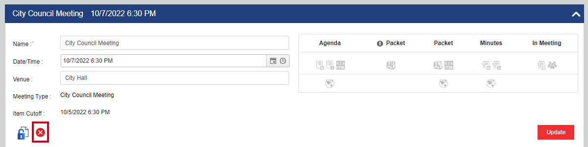 A Delete button that allows you to remove a meeting from the system.