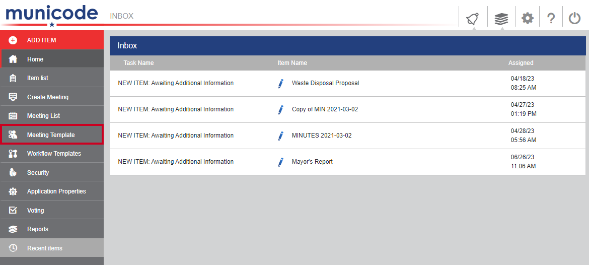 Meeting Template option in the left-hand navigation menu.