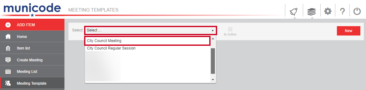 Meeting Templates page Select dropdown list with example meeting template options.