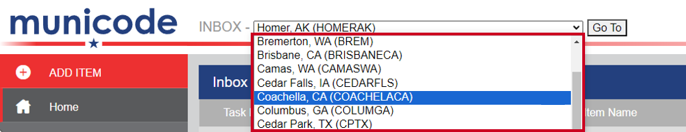 The expanded municipality dropdown list with various example sites listed.