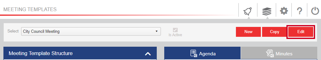 A red, rectangular Edit button that can be clicked to unlock the displayed meeting template.