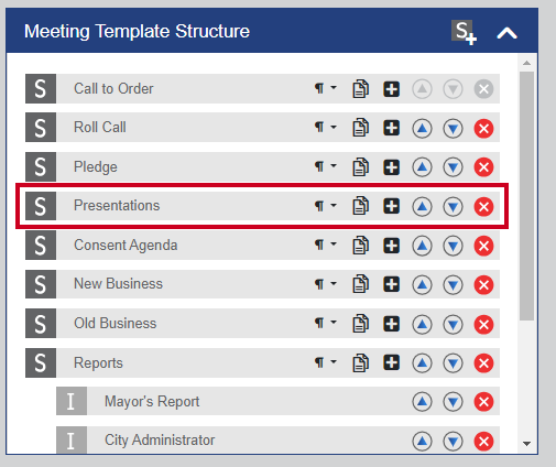 An example meeting template section within the Meeting Template Structure.
