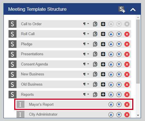 An example standing item within the Meeting Template Structure.