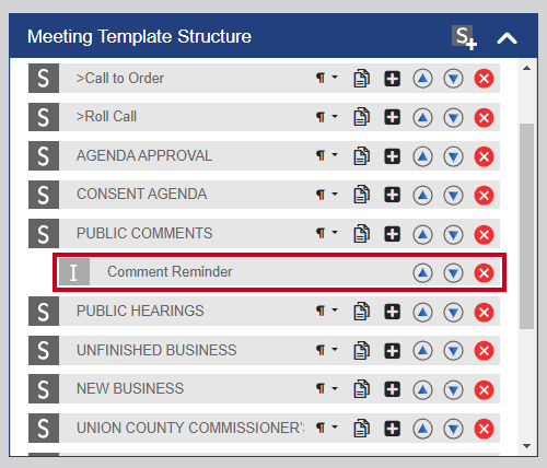 An example standing item within the Meeting Template Structure section.