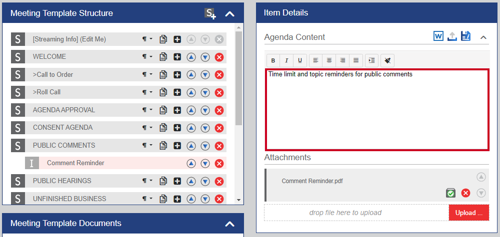 The Agenda Content text box.