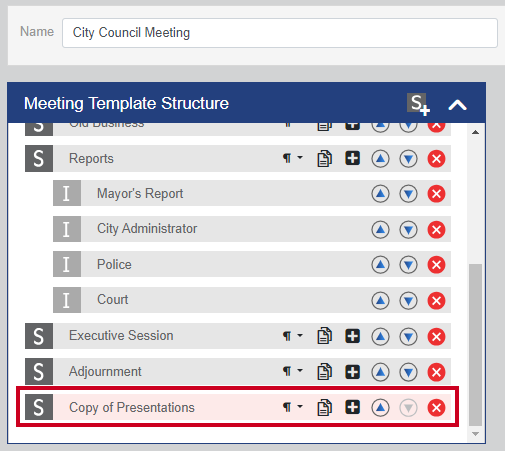 An example duplicated section at the bottom of the Meeting Template Structure area.