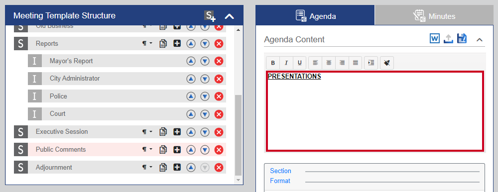 The Agenda Content box for the duplicated section with pre-filled text from the copied section.