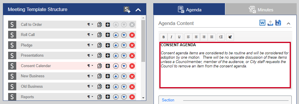 Example text in the Agenda Content text box for an agenda section.