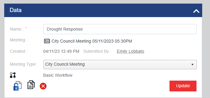 The Data section with Name, Meeting type, Meeting, Section, Create on behalf of, and Workflow fields.