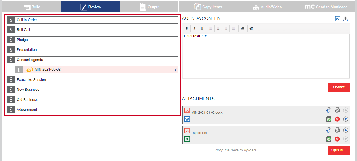 An example meeting structure shown under the Review Tab.