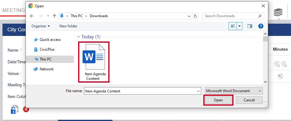 An example File Explorer dialog box with an Agenda Content File and Open button highlighted.