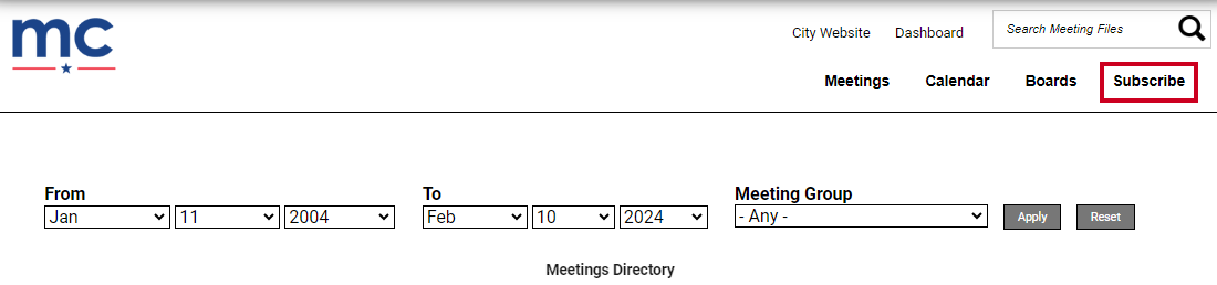 A Subscribe link on an example Portal page below the Search Meeting Files box.