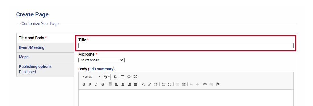A Title field on the Create Page screen.