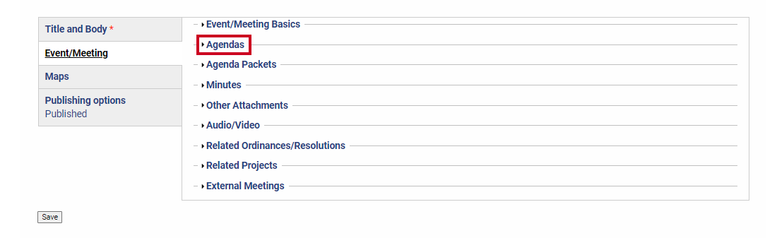 An Agendas dropdown option.