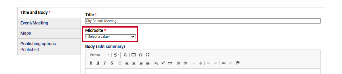 A Microsite dropdown field that can be clicked to display selectable destinations for the new meeting.