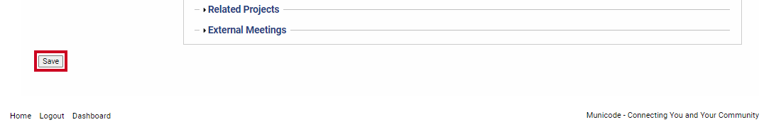 A Save button in the bottom-left corner of the Create Page that can be clicked to record changes to the new meeting.