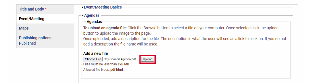 An Upload button that can be clicked to attach a file to the meeting.