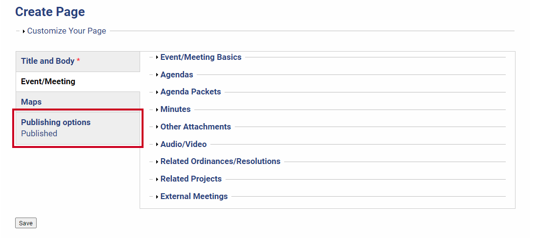 A gray, rectangular Publishing options tab with blue text.