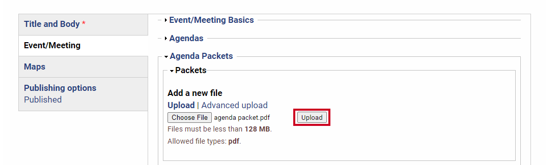 An Upload button that can be clicked to attach a file to the meeting.