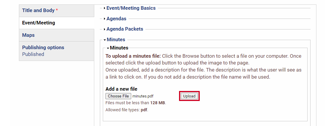 An Upload button that can be clicked to attach a file to the meeting.