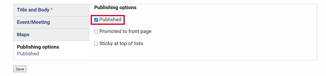 A Published checkbox below the Publishing options heading.