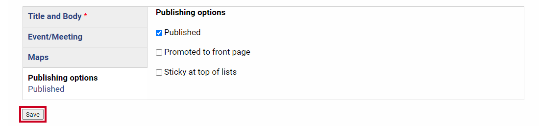 A Save button that can be clicked to record changes and publish the new meeting.