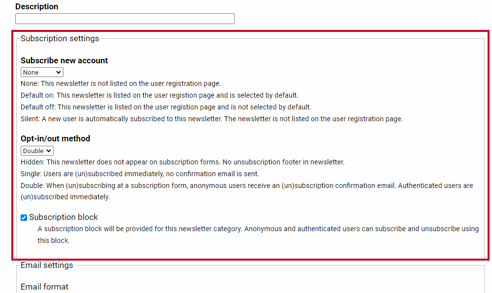 A Subscription settings section.