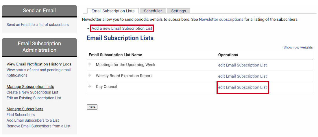The Add a new Email Subscription List and edit Email Subscription List links.