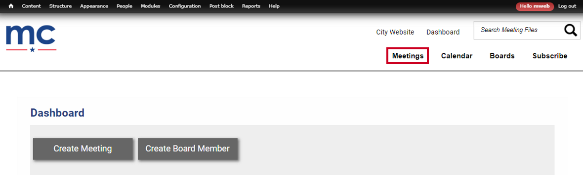 A Meetings link that can be clicked to direct you to the Meetings page.