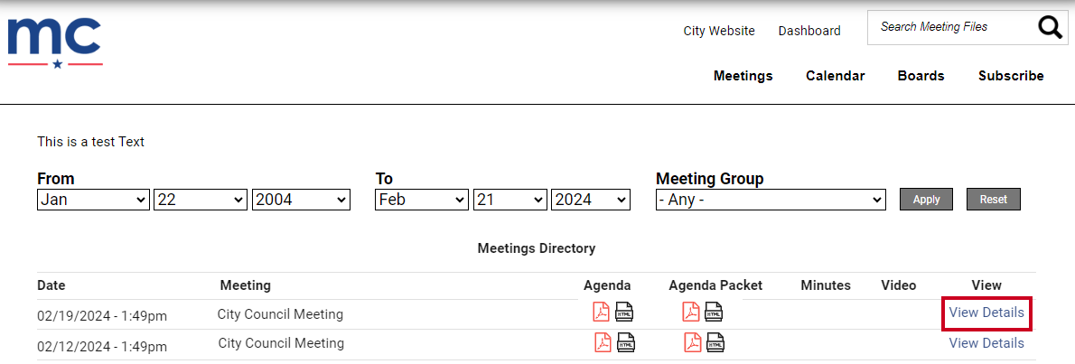 A blue-text View Details link on the Meetings page.