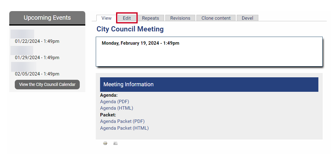 An 'Edit' on an example Meeting Details page that can be clicked to make changes to meeting details.
