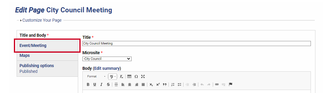 A gray, rectangular Event/Meeting tab with blue text.