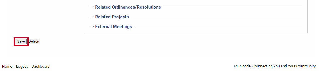 A Save button in the bottom-left corner of the Edit Page that can be clicked to record changes to the meeting.