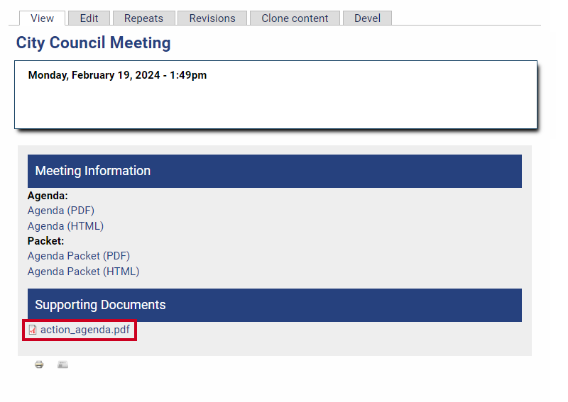 An example action agenda file listed in the Supporting Documents section of a Meeting Details page.