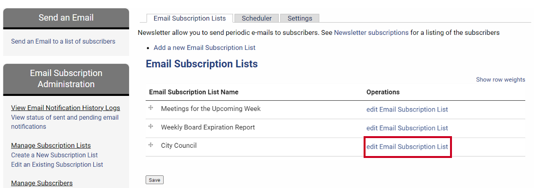 An edit Email Subscription List link.