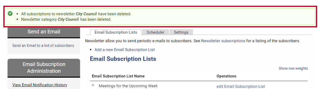A green pop-up message that confirms the newsletter and category deletion.